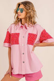 BiBi Sequin Detail Raw Hem Short Sleeve Shirt - Trendsi - Flyclothing LLC