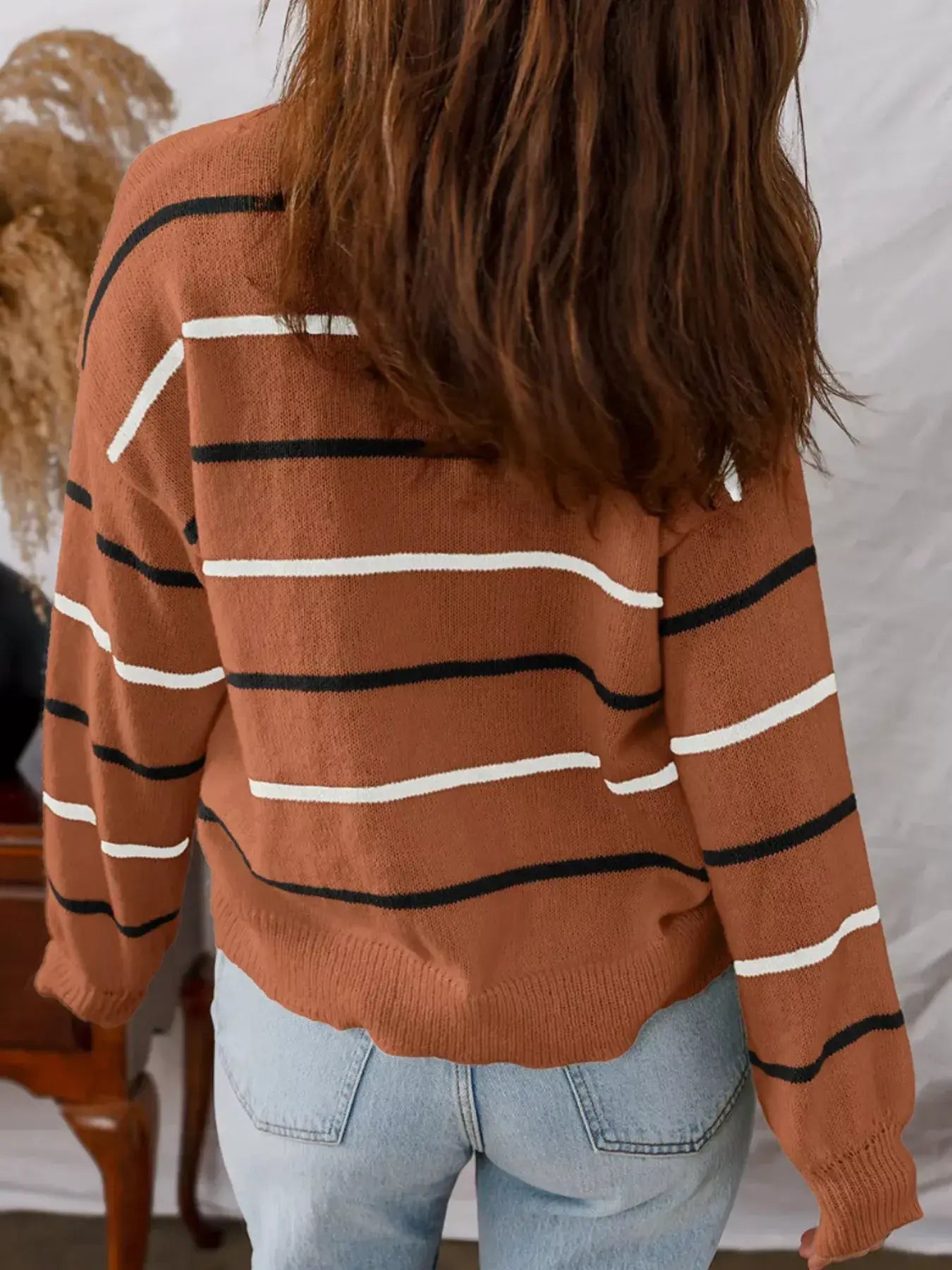 Striped Round Neck Drop Shoulder Sweater - Trendsi - Flyclothing LLC