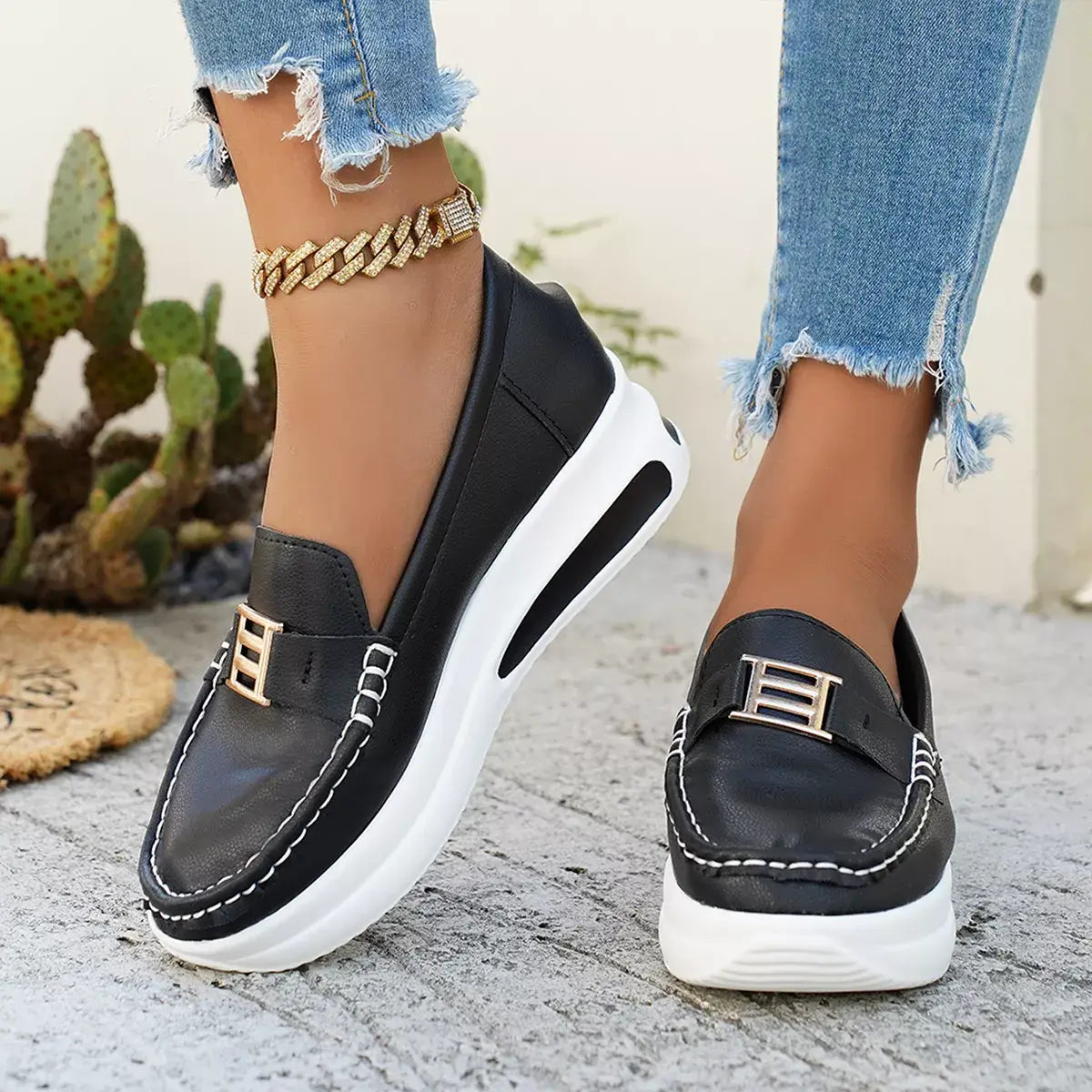 Metal Buckle Round Toe Slip-Ons - Trendsi - Flyclothing LLC