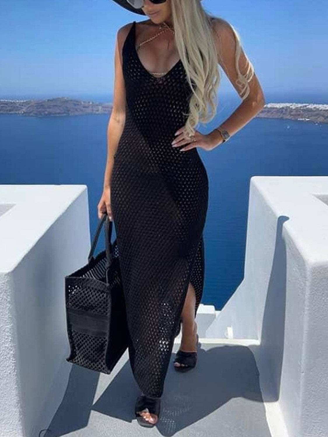 Slit Openwork V-Neck Sleeveless Cover Up - Trendsi - Flyclothing LLC