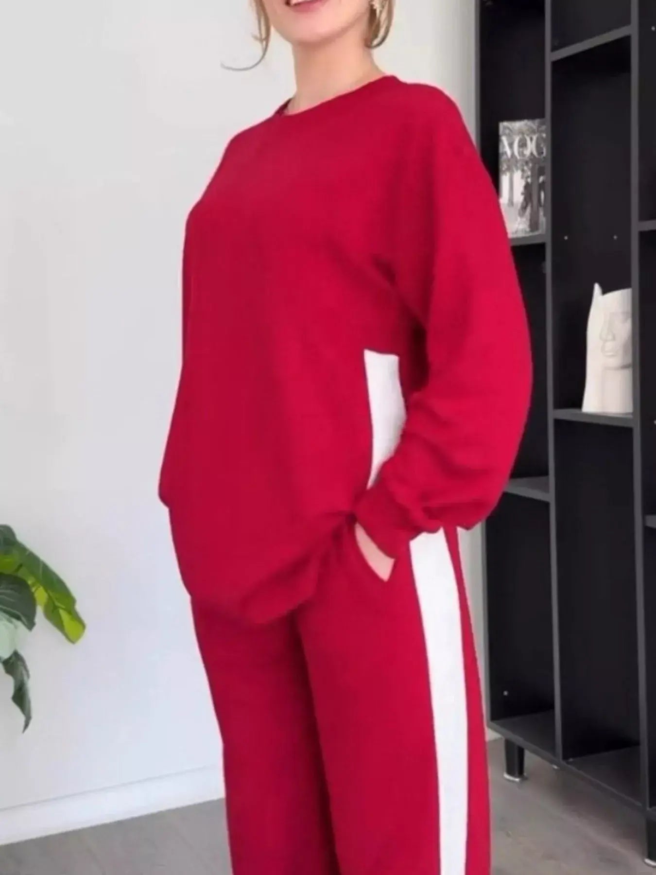 Full Size Contrast Round Neck Top and Pants Set Plus Size - Trendsi - Flyclothing LLC