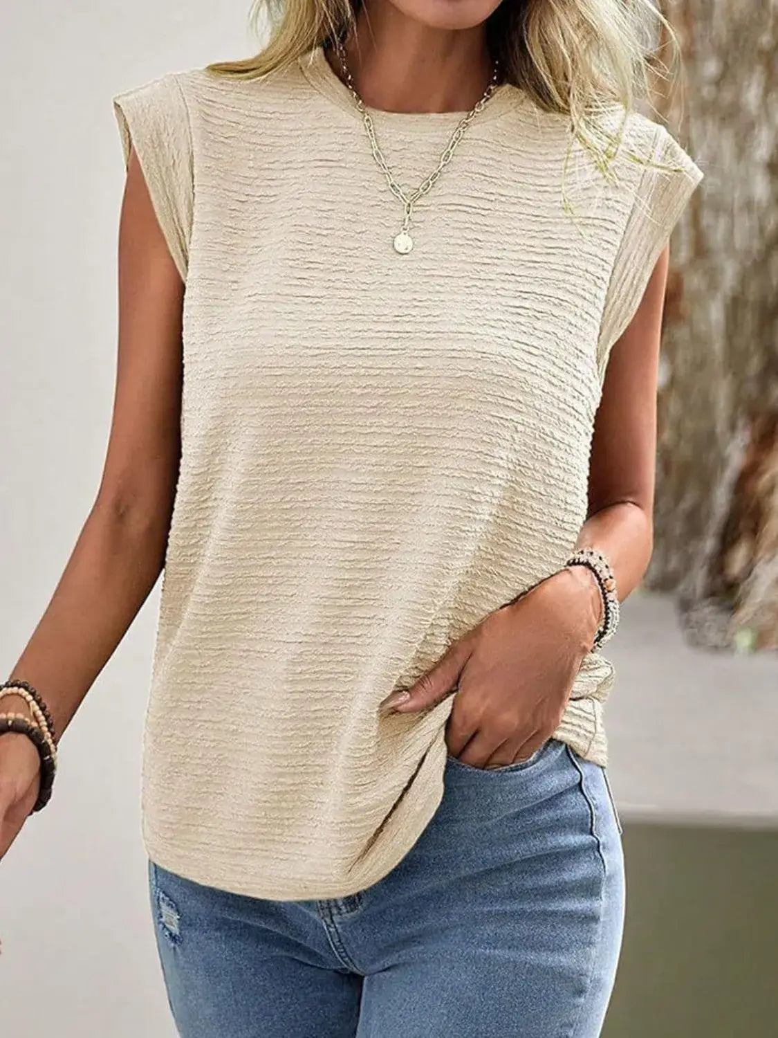 Textured Round Neck Casual Ribbed Top - Trendsi - Flyclothing LLC