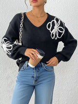 Flower V-Neck Long Sleeve Sweater - Trendsi - Flyclothing LLC