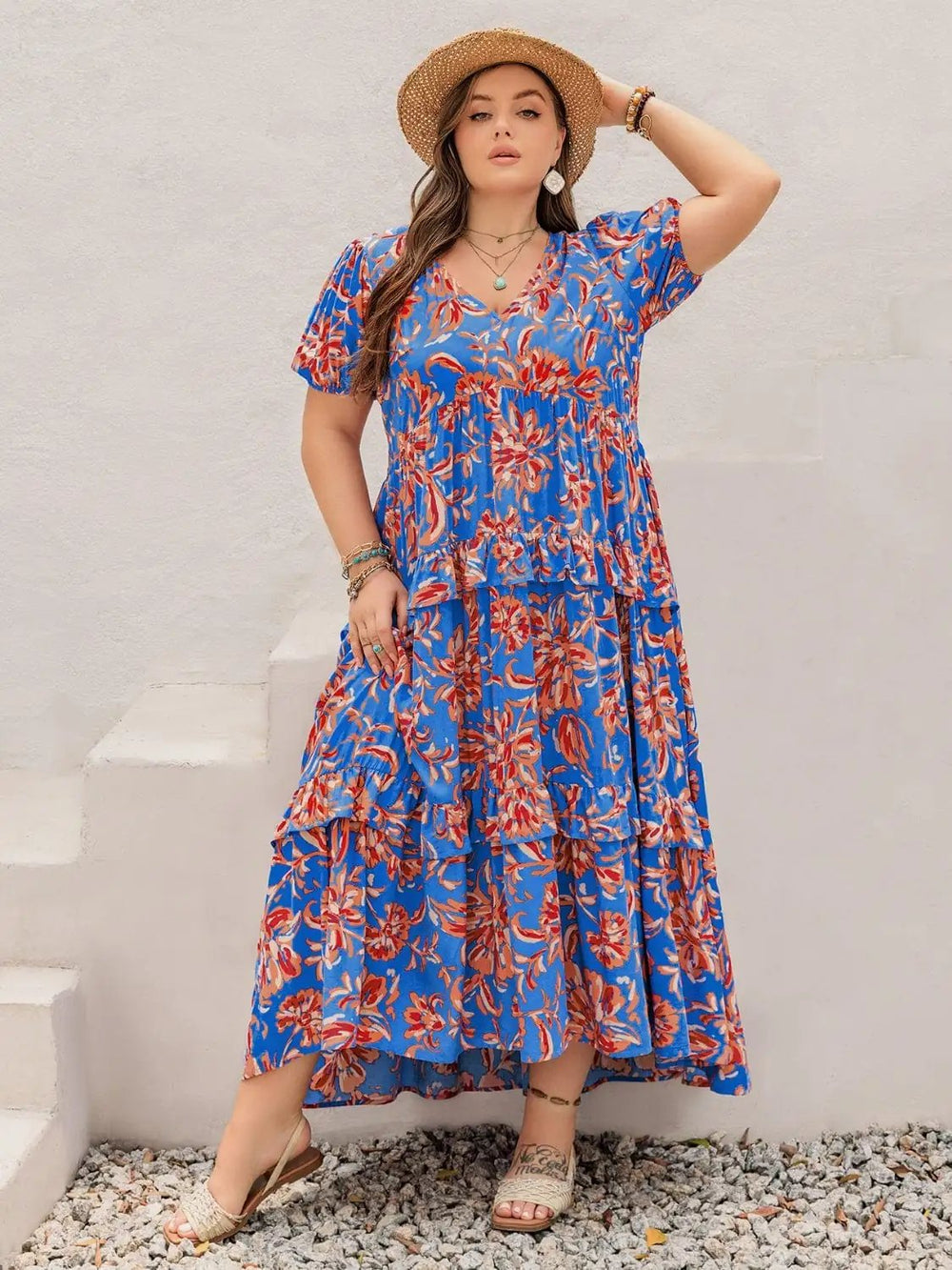 Plus Size Ruffled Printed V-Neck Short Sleeve Maxi Dress - Trendsi