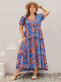 Plus Size Ruffled Printed V-Neck Short Sleeve Maxi Dress - Trendsi