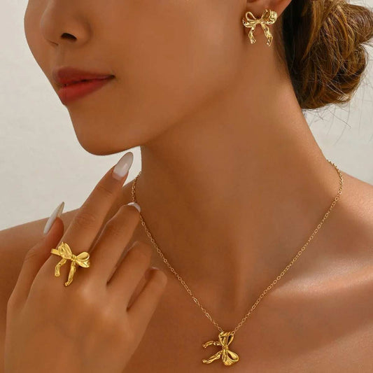 18K Gold-Plated Stainless Steel Bow Necklace Ring Earrings Jewelry Set - Trendsi - Flyclothing LLC