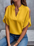 Notched Cold Shoulder Half Sleeve Blouse - Trendsi - Flyclothing LLC