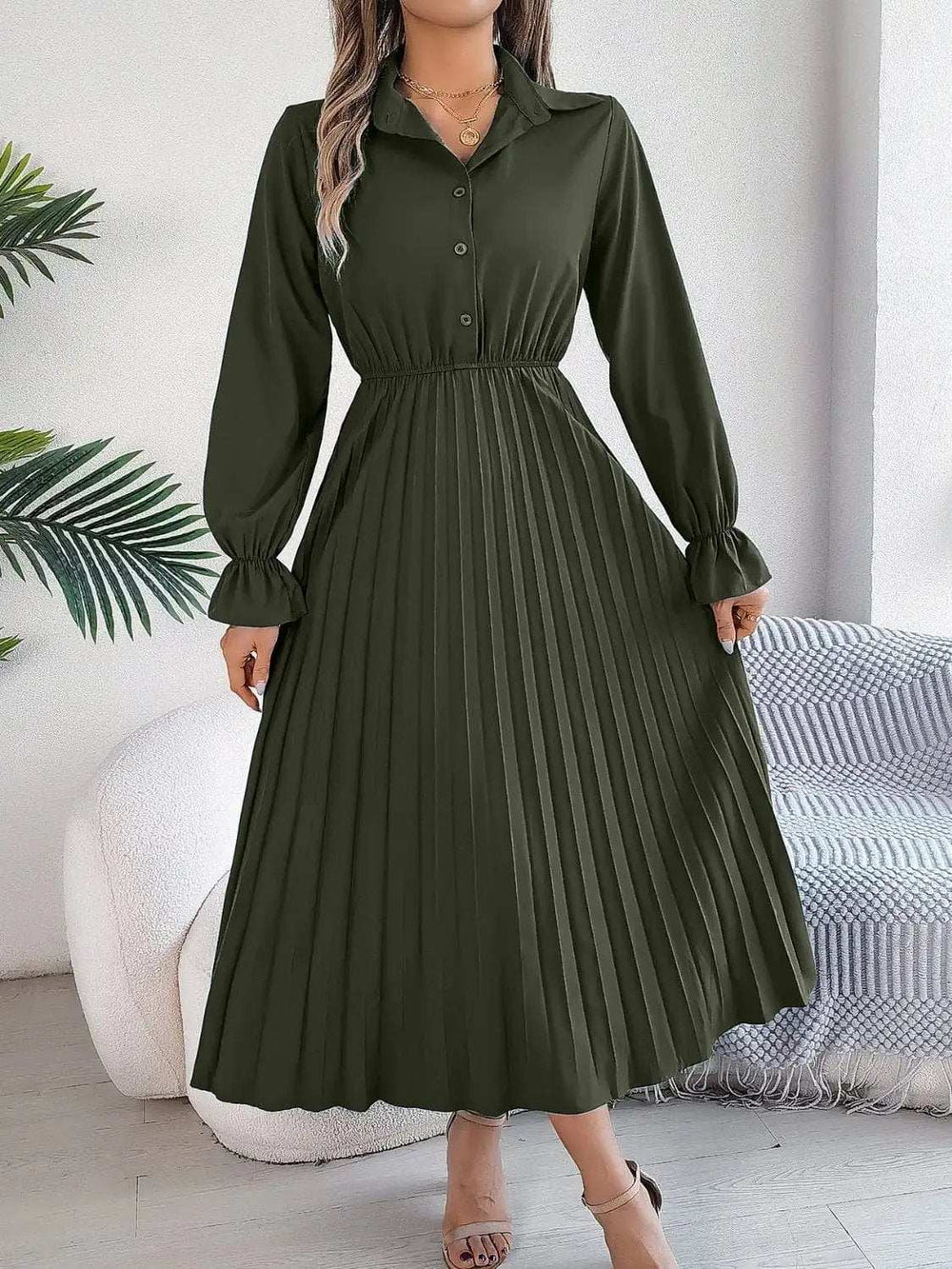 Pleated Half Button Long Sleeve Midi Dress - Trendsi - Flyclothing LLC