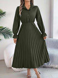Pleated Half Button Long Sleeve Midi Dress - Trendsi - Flyclothing LLC