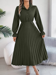 Pleated Half Button Long Sleeve Midi Dress - Trendsi