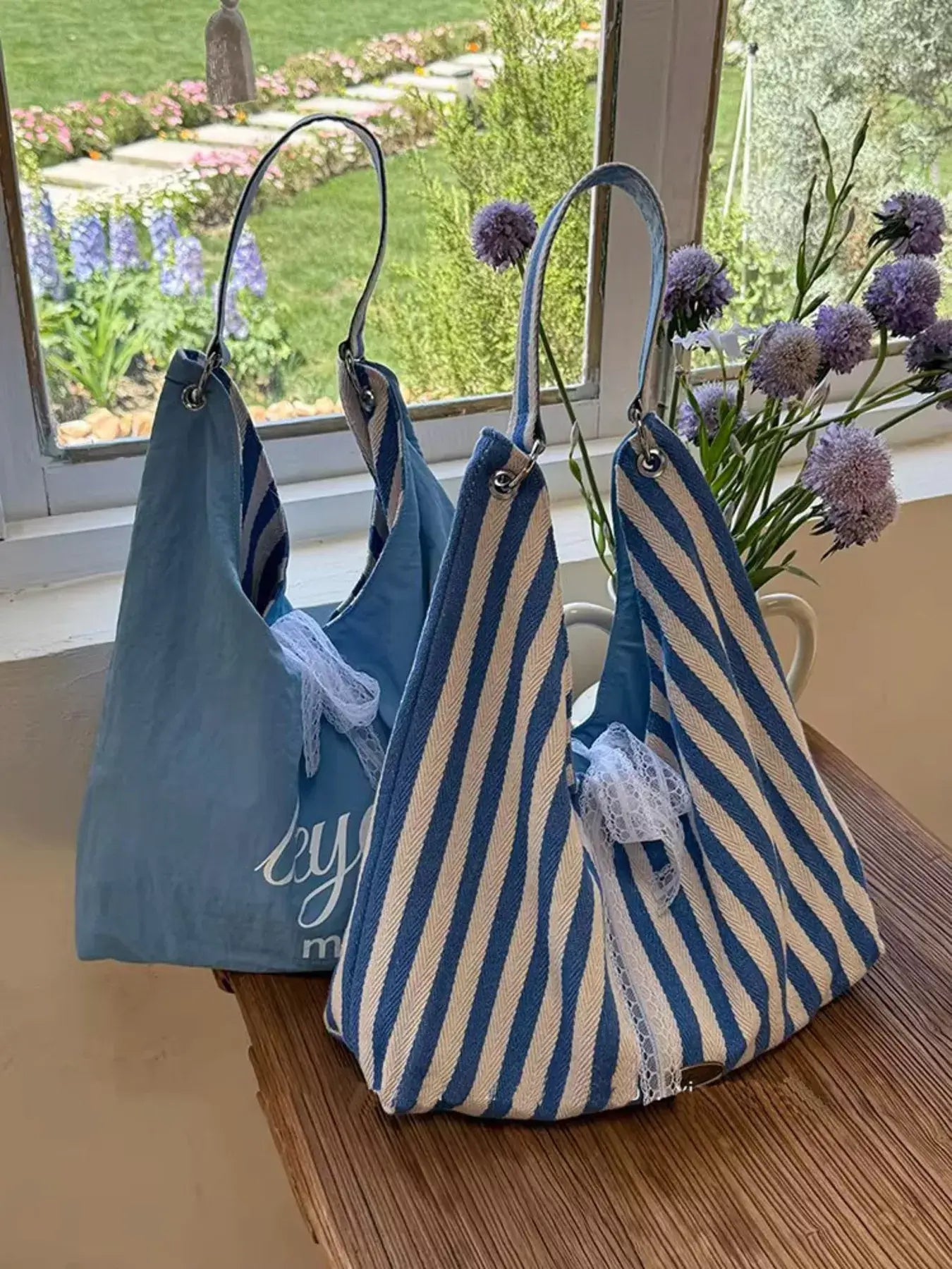 Striped Canvas Tote Bag - Trendsi - Flyclothing LLC