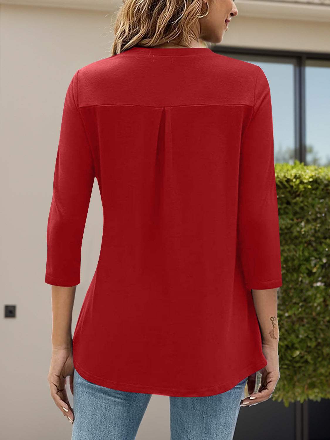 Notched Three-Quarter Sleeve T-Shirt - Trendsi - Flyclothing LLC