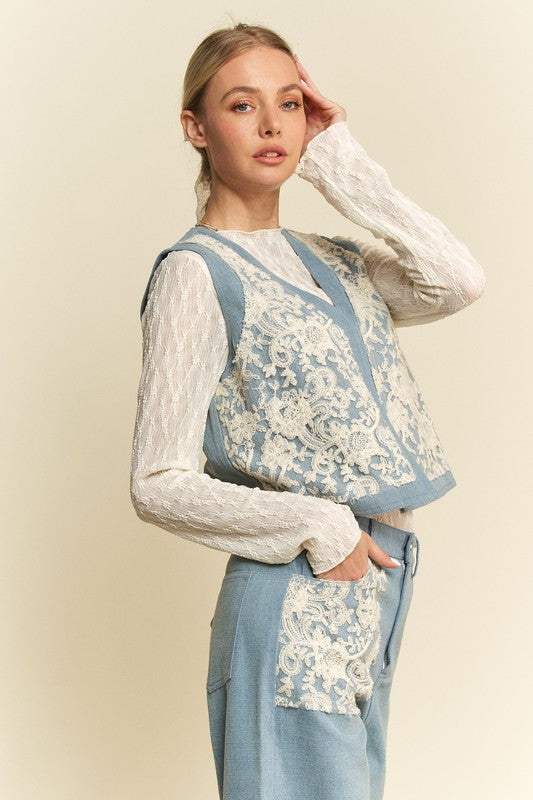 Davi & Dani Lace Patch Open Front Denim Vest - Trendsi - Flyclothing LLC