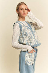 Davi & Dani Lace Patch Open Front Denim Vest - Trendsi - Flyclothing LLC