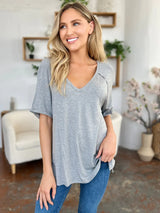 Basic Bae Full Size Bamboo Slit V-Neck Short Sleeve T-Shirt - ShopBasicbae - Flyclothing LLC