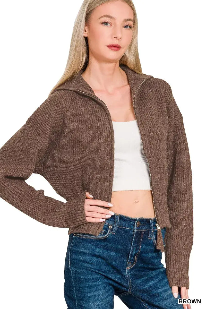 Zenana Ribbed Collared Zip Up Sweater Cardigan - Trendsi - Flyclothing LLC