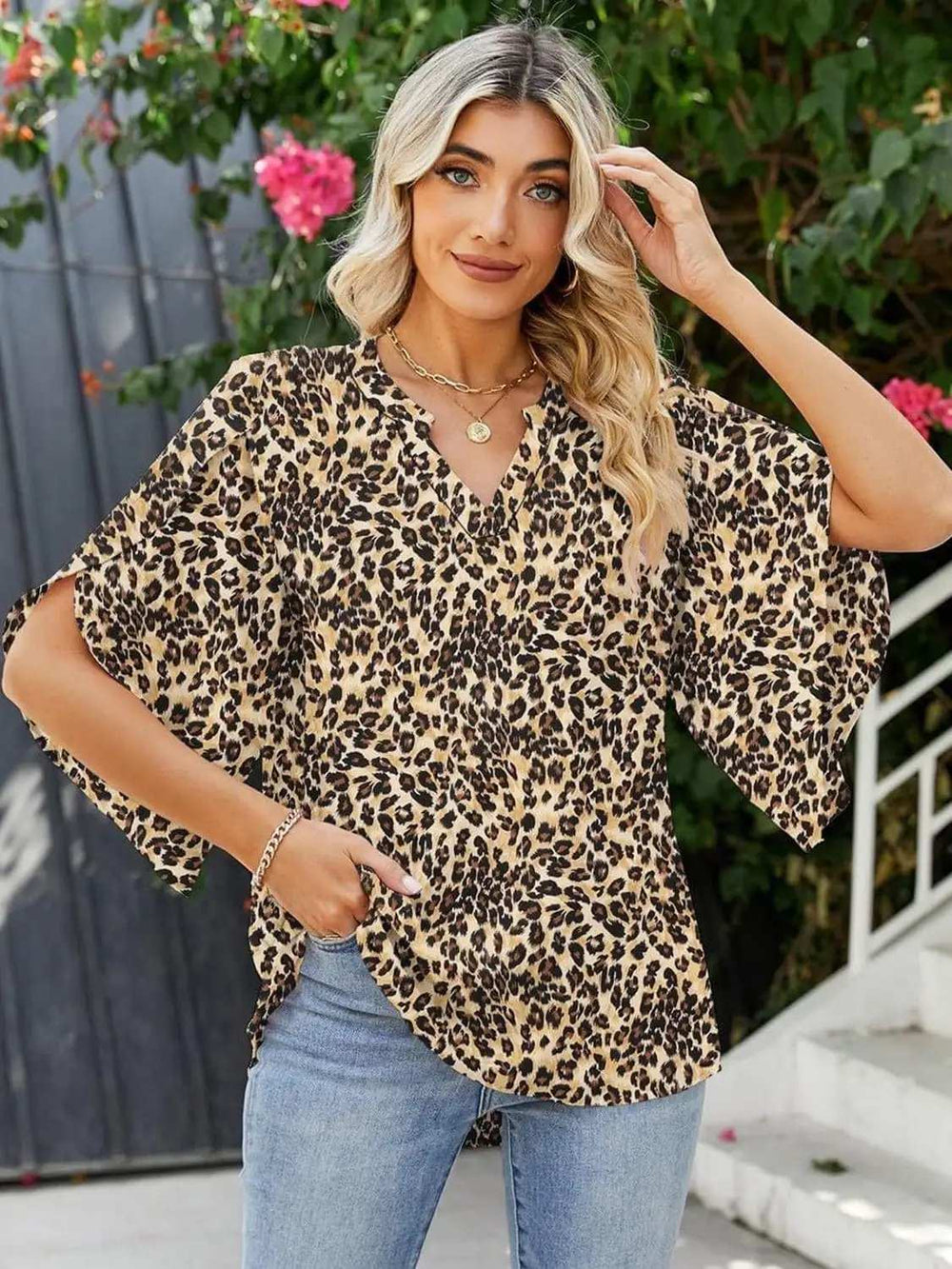Printed Notched Half Sleeve Blouse - Trendsi - Flyclothing LLC