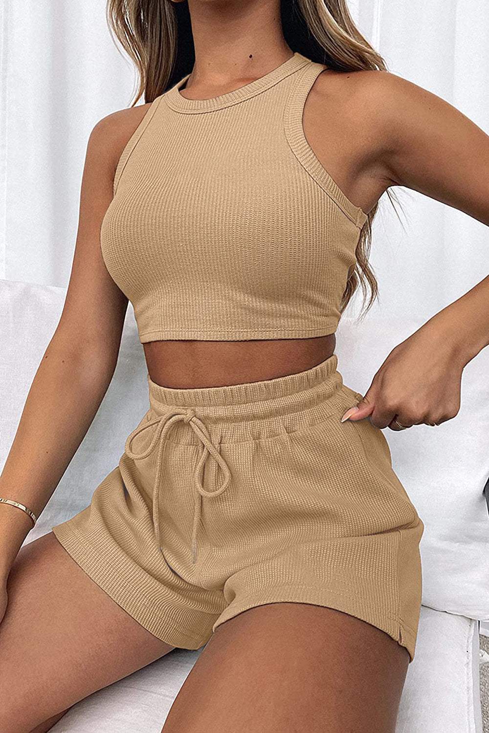 Round Neck Top and Drawstring Shorts Set - Trendsi - Flyclothing LLC