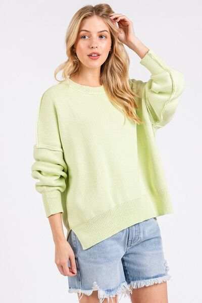 Mittoshop Side Slit Round Neck Drop Shoulder Sweater - Trendsi - Flyclothing LLC