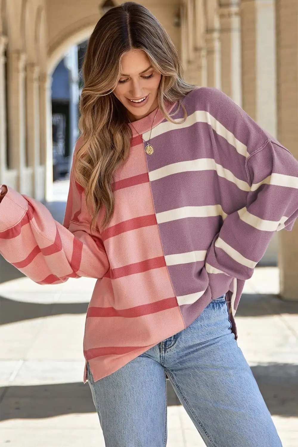 Striped Round Neck Long Sleeve Knit Top - Trendsi - Flyclothing LLC