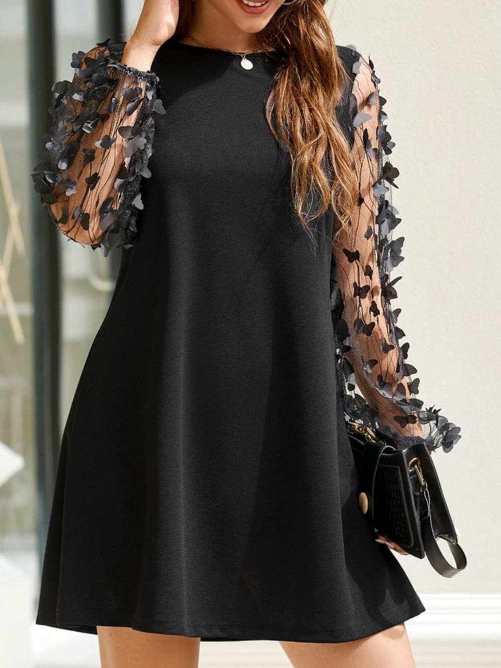Round Neck Butterfly Mesh Long Sleeve Mini Dress - Trendsi - Flyclothing LLC