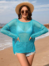 Openwork Slit Boat Neck Long Sleeve Cover-Up - Trendsi - Flyclothing LLC