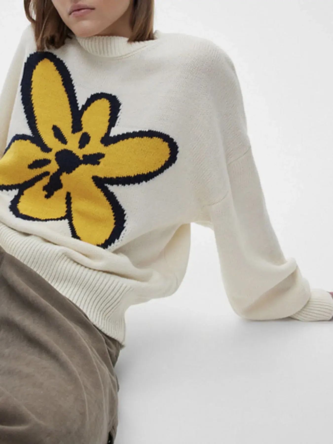 Flower Ribbed Hem Round Neck Sweater - Trendsi - Flyclothing LLC