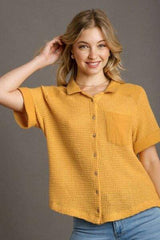 Umgee Full Size Waffle-Knit Short Sleeve Button Down Shirt Plus Size - Trendsi - Flyclothing LLC