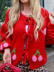Tied Cherry Round Neck Long Sleeve Cardigan - Trendsi