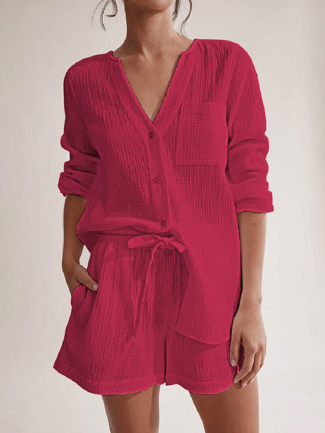 Notched Long Sleeve Top and Shorts Set - Trendsi - Flyclothing LLC