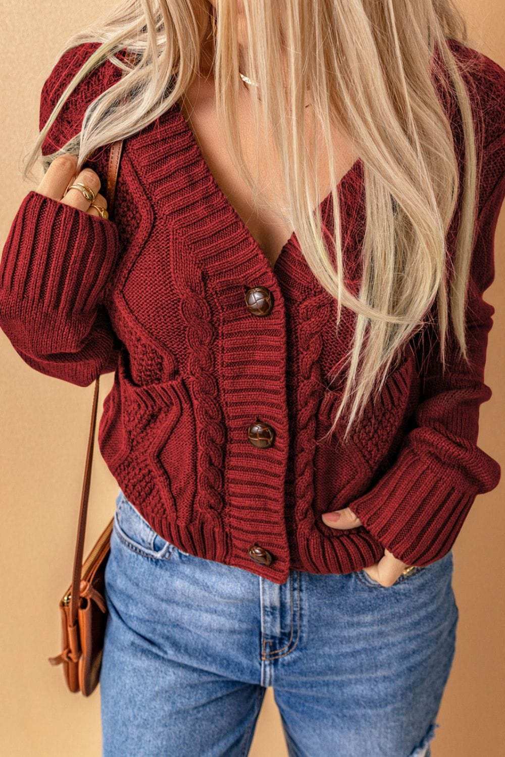 Cable-Knit Button Down V-Neck Cardigan - Trendsi - Flyclothing LLC