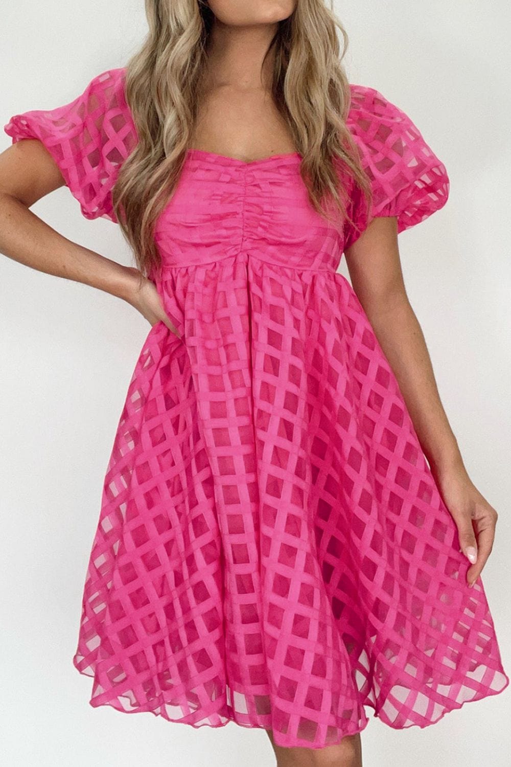 Plaid Puff Sleeve Babydoll Dress - Trendsi