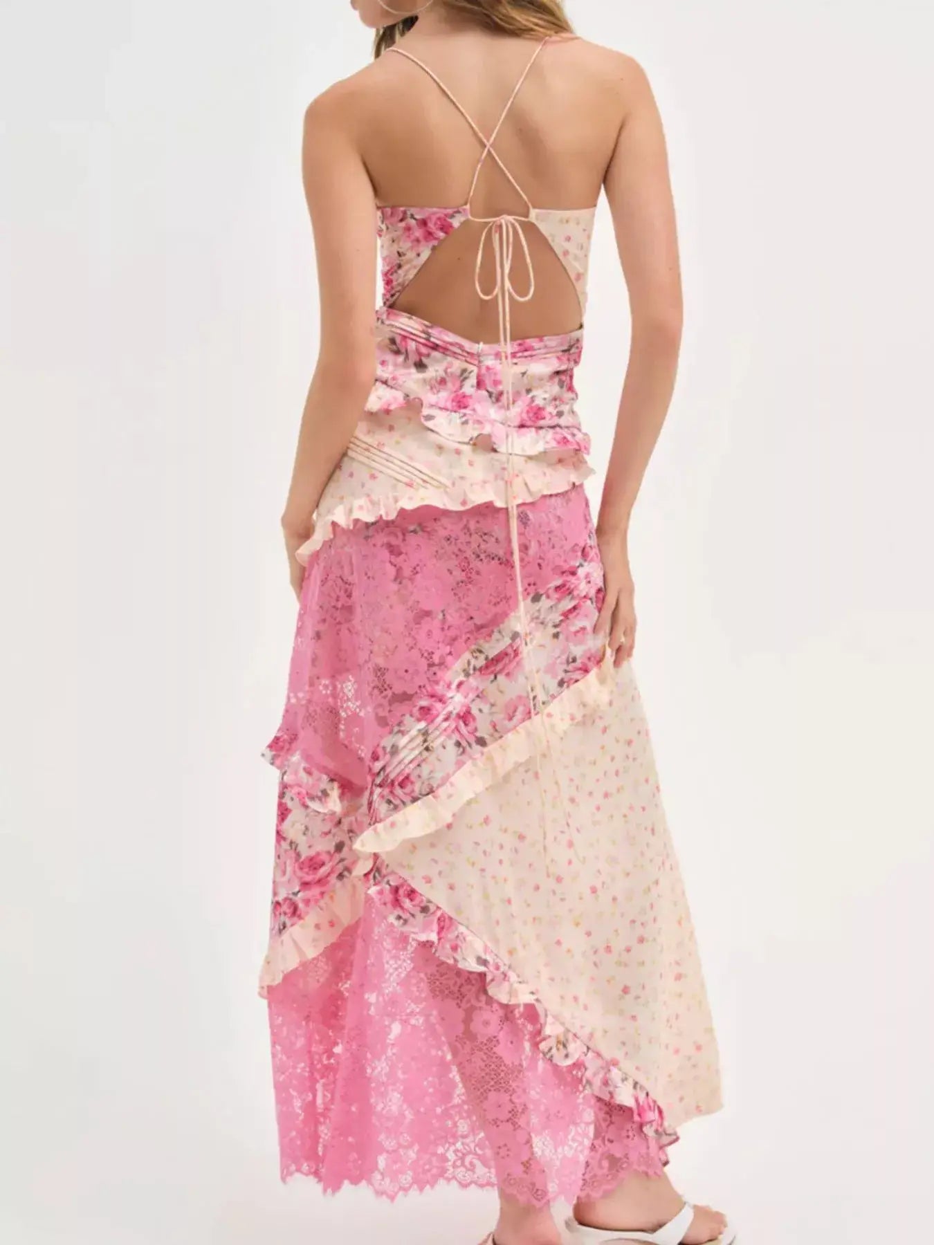 Lace Detail Ruffled Floral V-Neck Maxi Dress - Trendsi - Flyclothing LLC