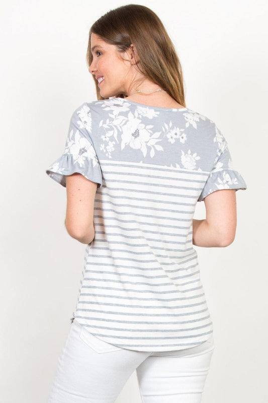 Be Stage Full Size Floral & Striped Flounce Sleeve Top - Trendsi