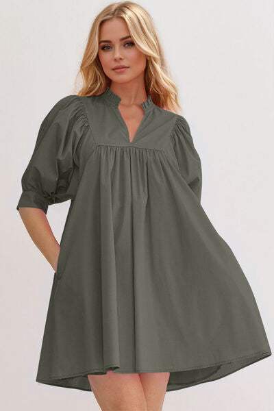 Oh Frill Notched Puff Sleeve Babydoll Mini Dress - Trendsi - Flyclothing LLC