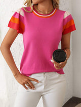 Mandy Contrast Round Neck Short Sleeve Knit Top - Trendsi - Flyclothing LLC