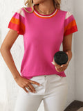 Mandy Contrast Round Neck Short Sleeve Knit Top - Trendsi