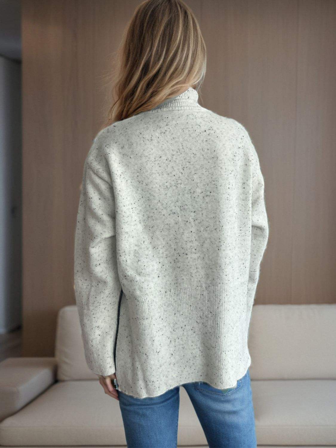 Side Slit Turtleneck Long Sleeve Sweater - Trendsi - Flyclothing LLC