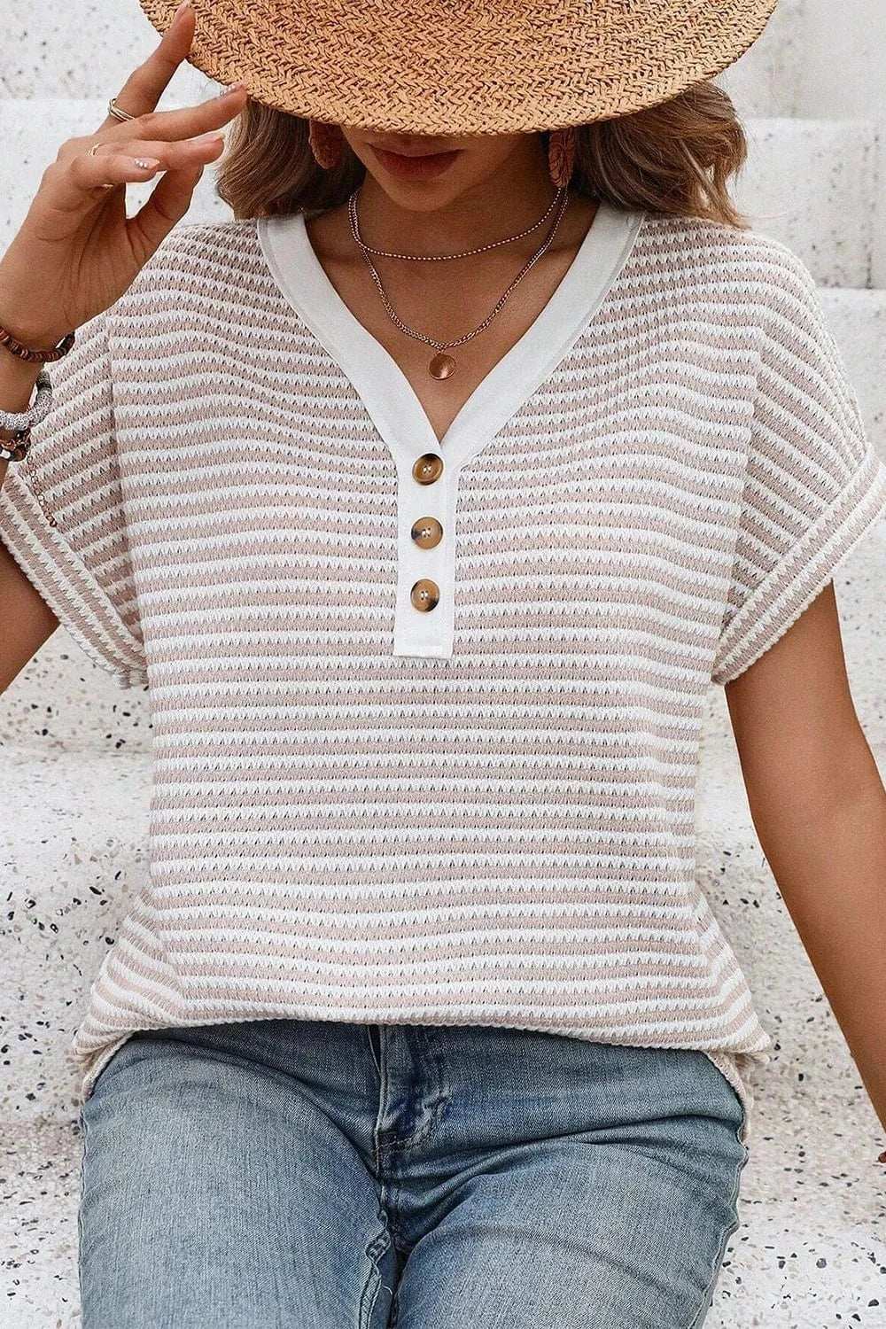 Stripe Buttoned Front V Neck T Shirt - Trendsi - Flyclothing LLC
