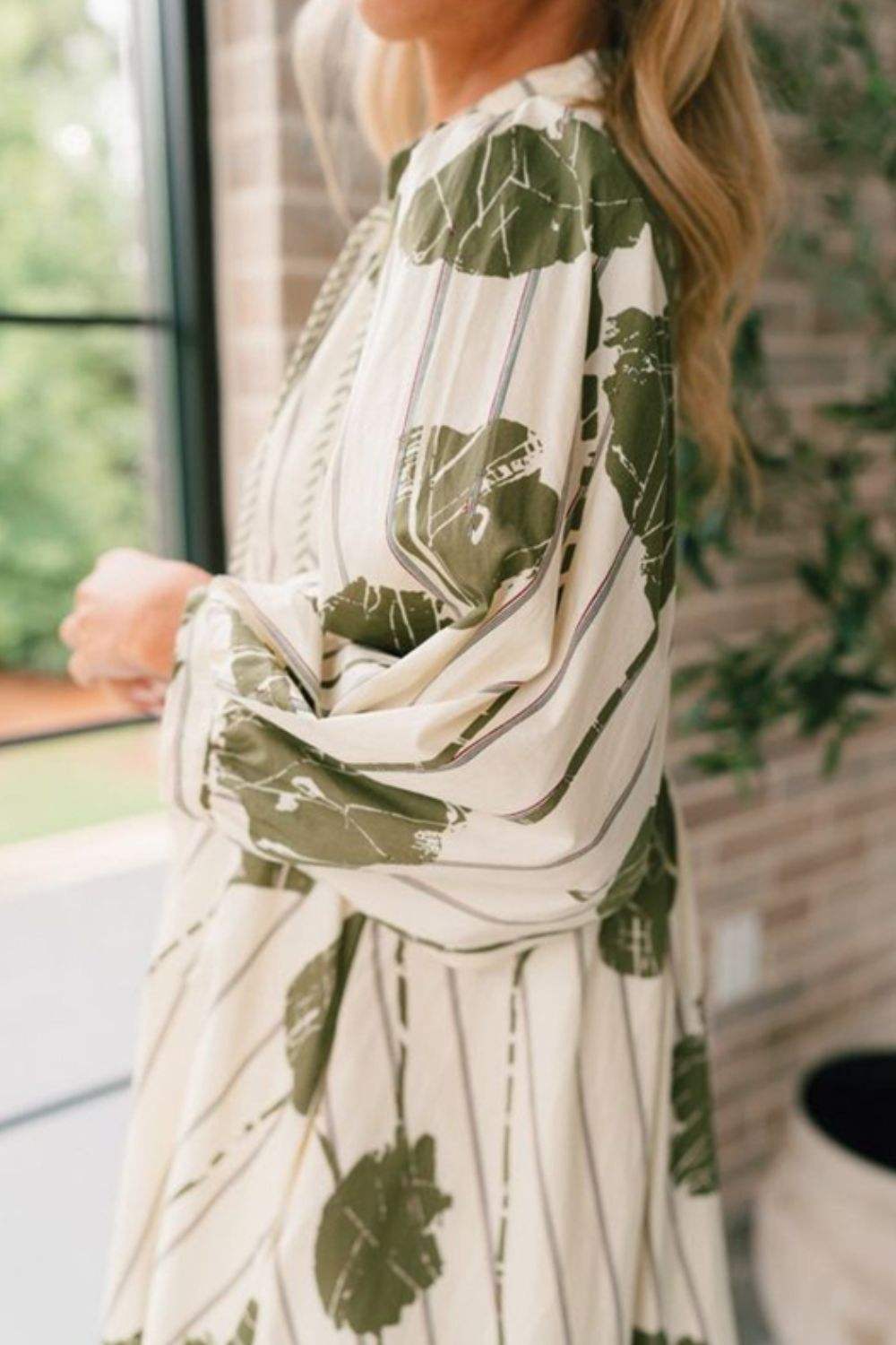 Printed Tie Neck Three-Quarter Sleeve Mini Dress - Trendsi - Flyclothing LLC