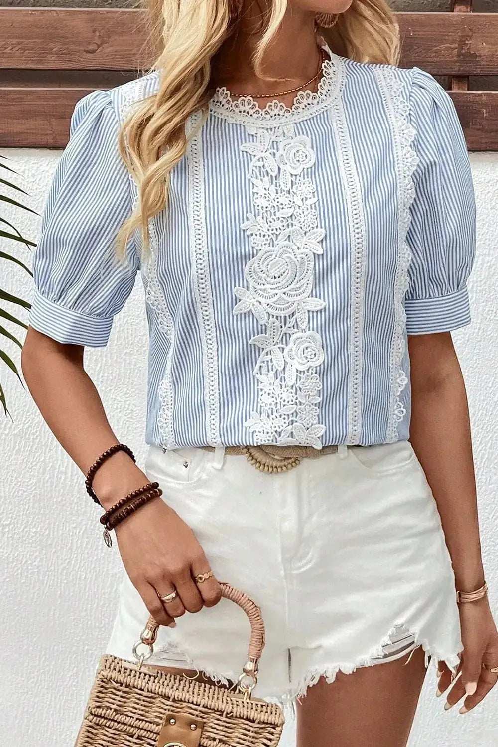 Lace Detail Striped Round Neck Half Sleeve Blouse - Trendsi - Flyclothing LLC