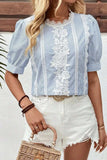 Lace Detail Striped Round Neck Half Sleeve Blouse - Trendsi - Flyclothing LLC