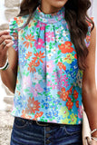 Ruffled Printed Mock Neck Cap Sleeve Blouse - Trendsi - Flyclothing LLC