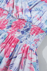 Floral Spaghetti Strap Surplice Neck Shirred Waist Mini Dress - Trendsi - Flyclothing LLC