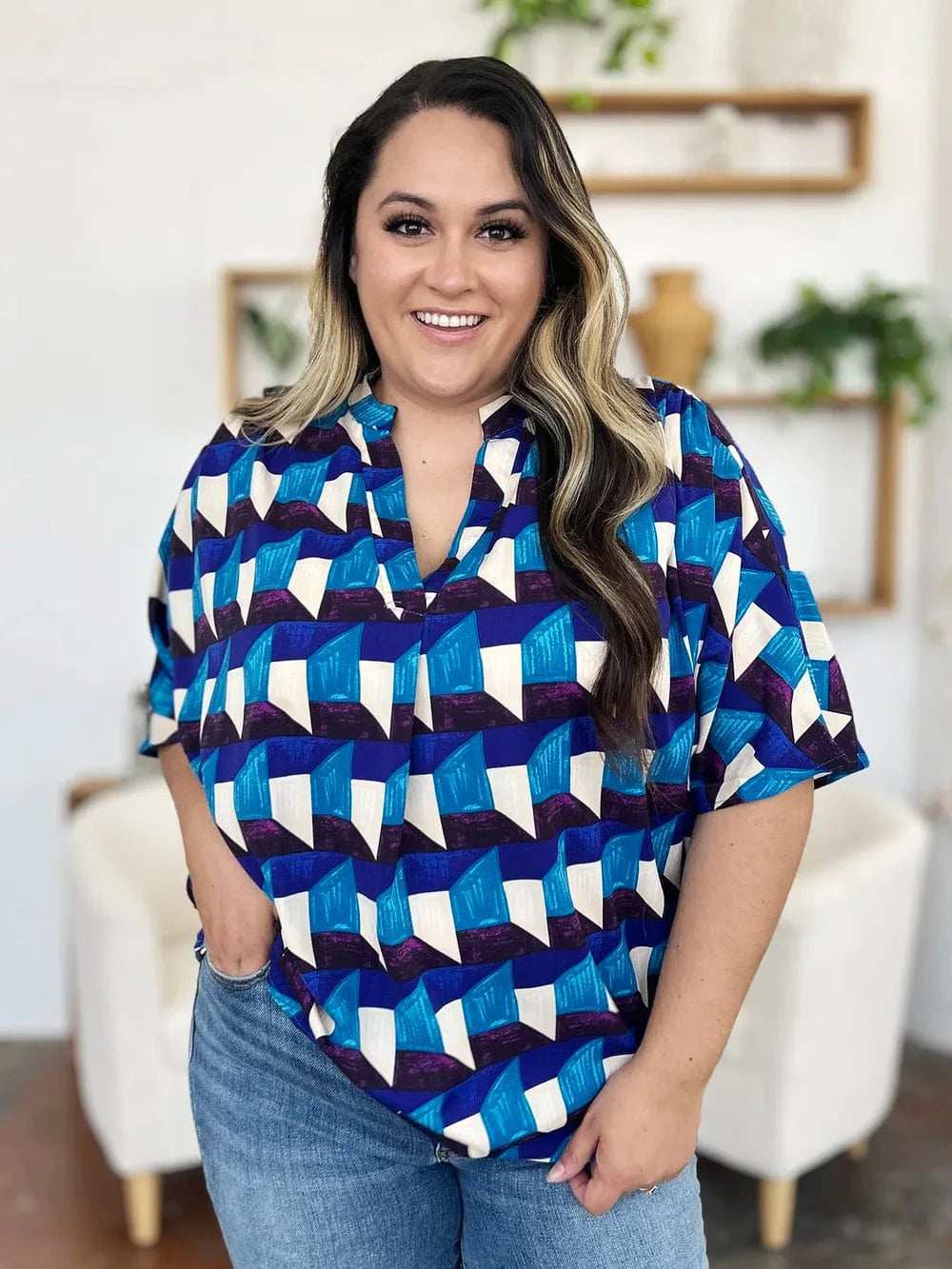 Double Take Full Size Geometric Notched Half Sleeve Blouse - Trendsi - Flyclothing LLC