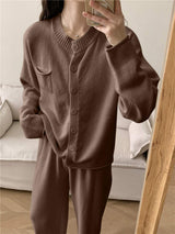 Pocketed Round Neck Button Up Cardigan and Pants Sweater Set - Trendsi - Flyclothing LLC
