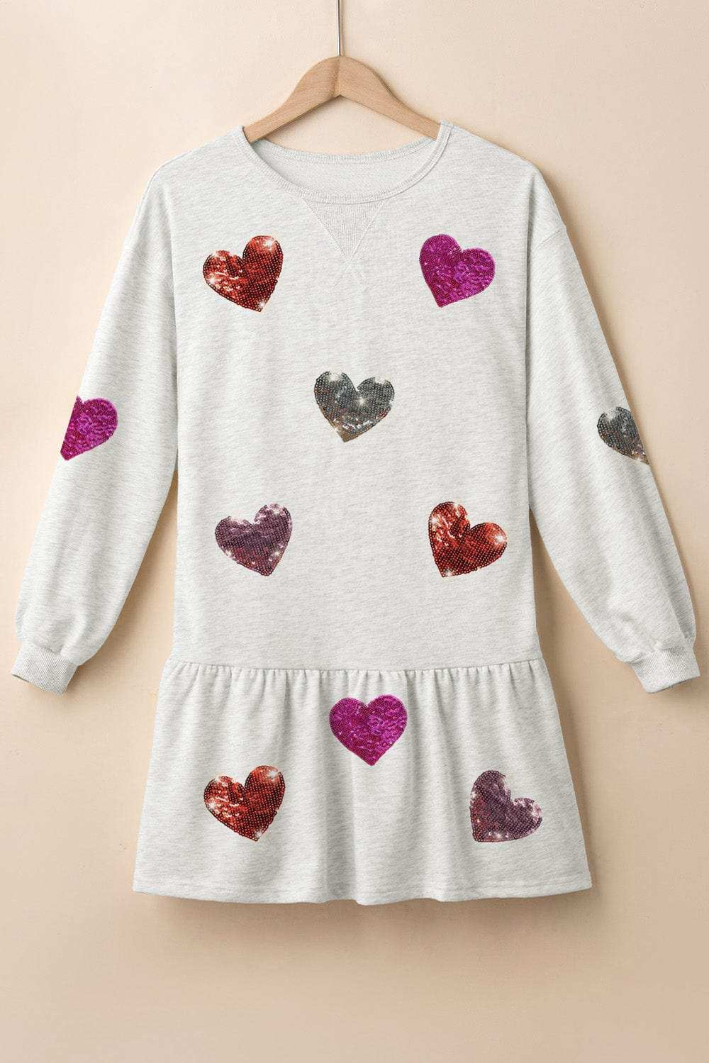 Sequin Heart Round Neck Long Sleeve Mini Dress - Trendsi - Flyclothing LLC