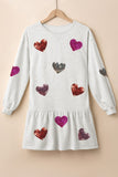 Sequin Heart Round Neck Long Sleeve Mini Dress - Trendsi