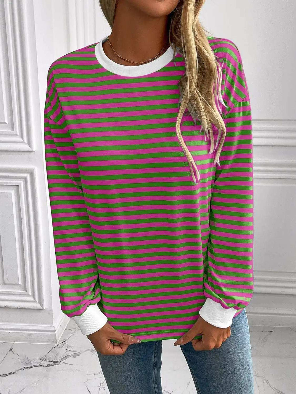 Ivy Lane Striped Round Neck Long Sleeve Sweatshirt - Trendsi - Flyclothing LLC