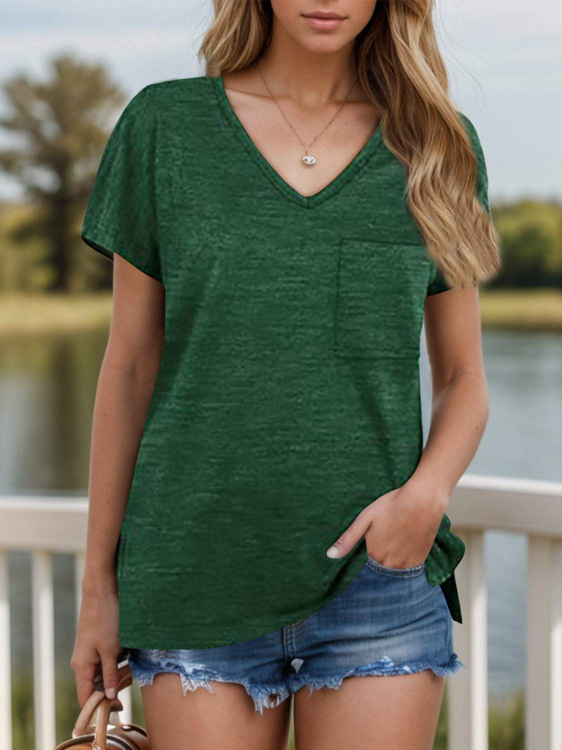 Pocketed Heathered V-Neck Short Sleeve T-Shirt - Trendsi - Flyclothing LLC